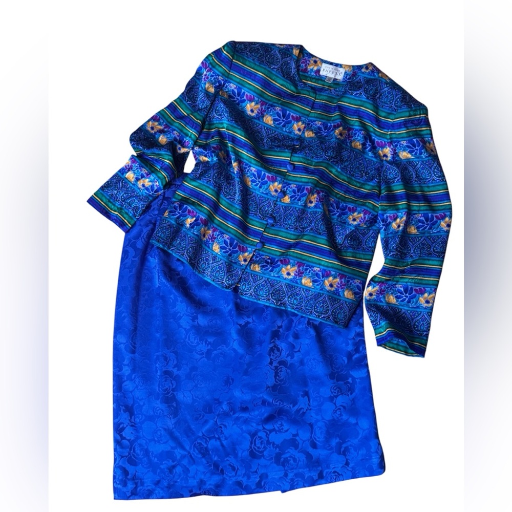 Adrianna Papell Blue/Multicolored 100% Silk Skirt Set-Size 16-90's